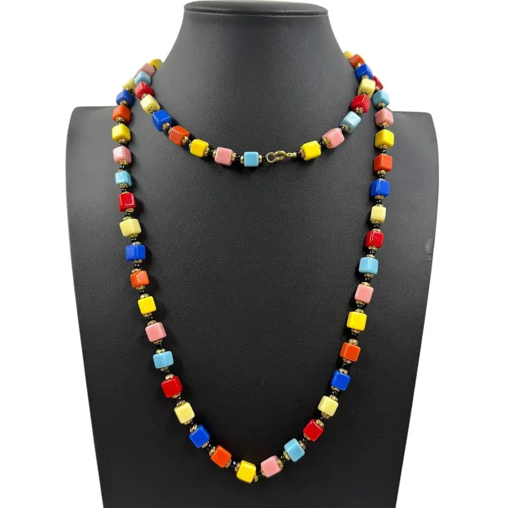 Vintage Czech Glass Cube Bead Harlequin Long Strand Art Deco Rainbow Necklace